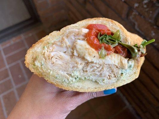 turkey: roasted turkey breast, mozzarella, basil mayo, roasted red peppers, arugula, balsamic vinaigrette = $14