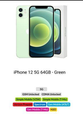 iPhone 12 64GB Green Global Unlocked Verizon/T-Mobile/AT&T/Metro PCS/Boost/Consumer Cellular $425.00