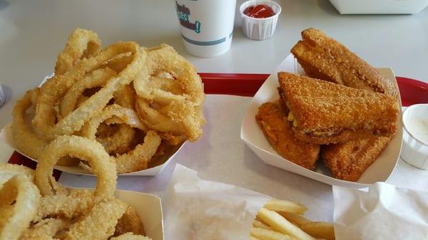 A Frenchie and onion rings, very good