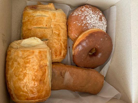 Lemon Jelly Donut, Chocolate Round Donut, Maple Bar Donut, Strawberry Croissant, and Cream Cheese Croissant.