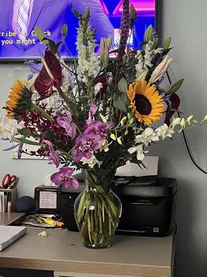 Floral arrangement of personally picked flowers.