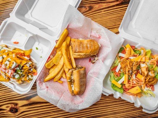 Beef Philly , Loaded fries , Garden salad