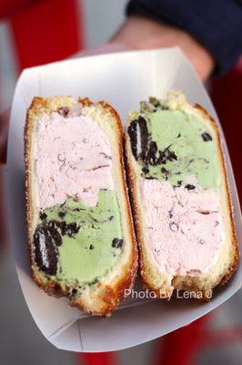 Milkbomb Sando ($7.50) - red bean + matcha cookie w cinnamon donut. Red bean flavor isn't so strong, is quite sweet. Matcha flavor is subtle