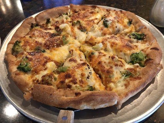 Broccoli & Cauliflower Pizza. The best I have ever had. Ate at the restaurant. It was hot and the crust thick but light. Perfect!