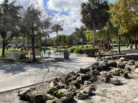 Rocks, bench, and pathways