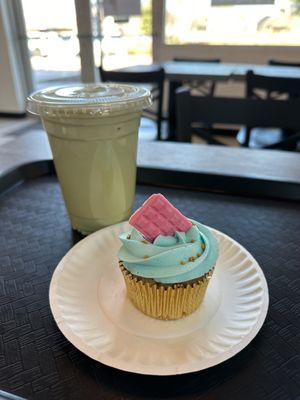 Strawberry vanilla cupcake and iced matcha