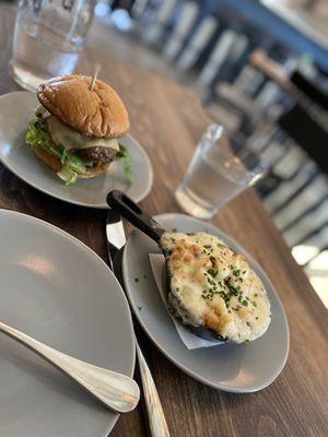 Matts Smash Burger with a side of Smoked Gouda Mac and Cheese