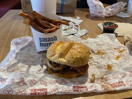 20oz. Fountain Drink, BBQ Bacon Cheddar Burger, and medium sweet potato fries.