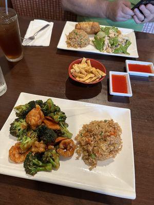 Shrimp and Broccoli lunch portion with fried rice.