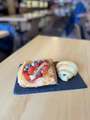 Fruit Tart pastry and chocolate croissant.