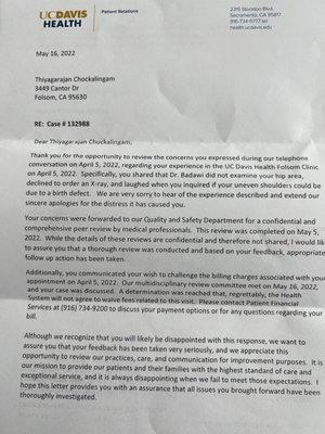 Response from UCDavis for complaint against a doctor