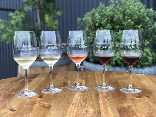 Our current flight consists of five wines: 2018 Sauvignon Blanc, 2018 Chardonnay Steel, Rosé of Pinot Noir, 2017 Pinot Noir & 2016 Cabernet