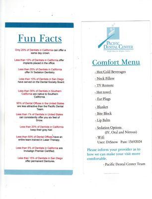 Comfort Menu and Fun Facts of Pacific Dental