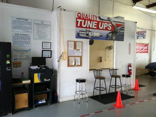 Our waiting area inside the shop so you can watch us work