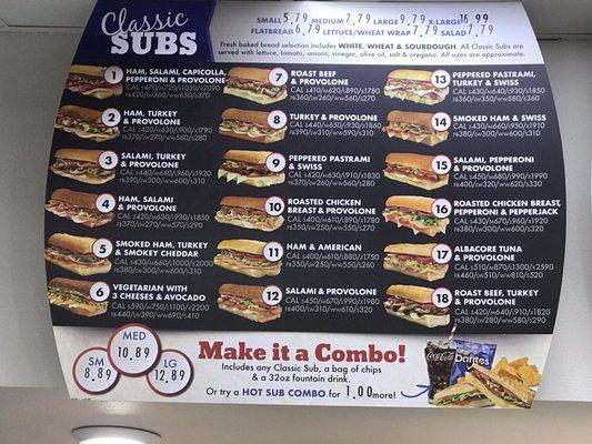 Sandwich menu with pricing.