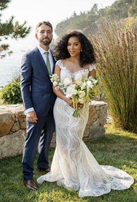 Serge Jevaguine wedding dress; Bouquet by Big Sur Flowers at Wind & Sea Estates in Big Sur, CA.