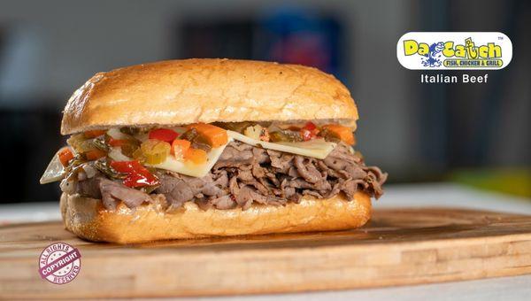 Italian beef sandwich your choice of dipping auj juice,  American or mozzarella chz , and hot or sweet mix peppers.