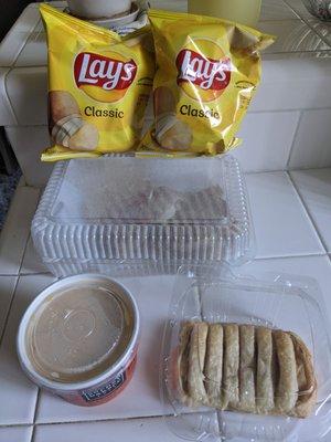 Grilled cheese, apple strudel, loaded potato soup and Lay's potato chips