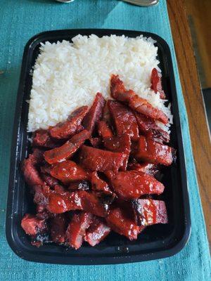 Boneless spare ribs over white rice