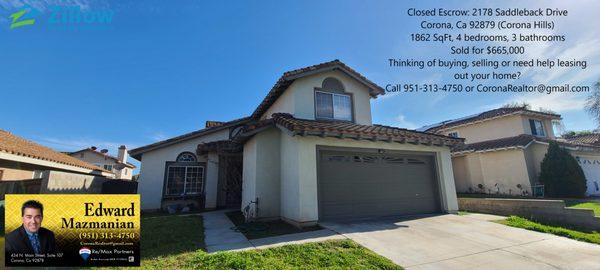 Closed Escrow 04/27/2023 2178 Saddleback, Corona, Ca 92879 (Corona Hills)  #CoronaRealtor #coronarealestate #justsold 951-313-4750