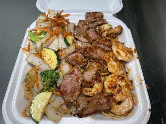 Steak and shrimp with fried rice and noodles!