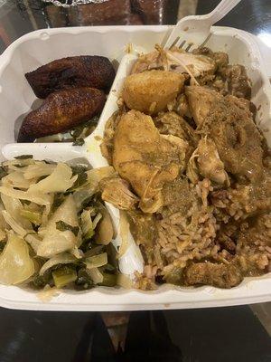 Curry chicken w/ rice and Cabbage/ Greens!  Fried Plantains...