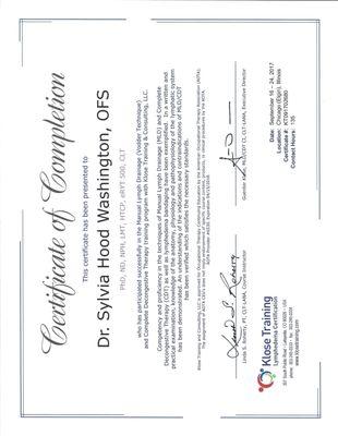 Certified in Manual Lymphatic Drainage (Vodder Technique) and Complete Decongestive Therapy.