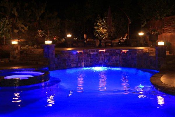 Cheer Descent waterfalls and LED installed by California Gunite - Morgan Hill CA.