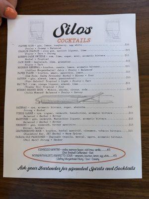 Drink menu for Silos - September 2024