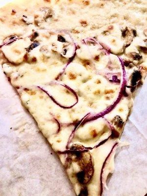 Just Had to have a slice Wolfgang Puck white pizza Mushrooms, Red Onion  Freshly baked out of the oven