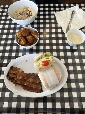 Sausage balls appetizer, biscuits & gravy, breakfast panini