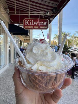 Chocolate Fudge Sunday in Waffle cone.