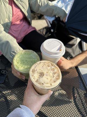 Matcha latte, copper latte, and honey lavender latte