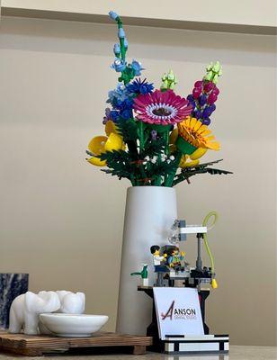 At reception, Lego flower bouquet and dental practice