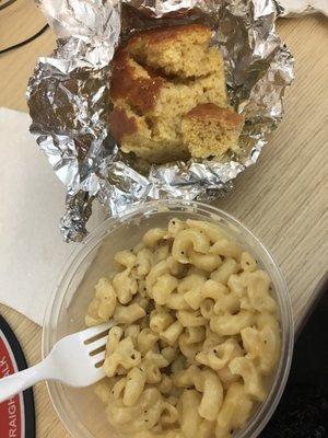 Side of mac and cheese with cornbread