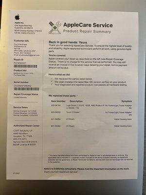 This is summary of work done by AppleCare service ( people who know what they are doing)