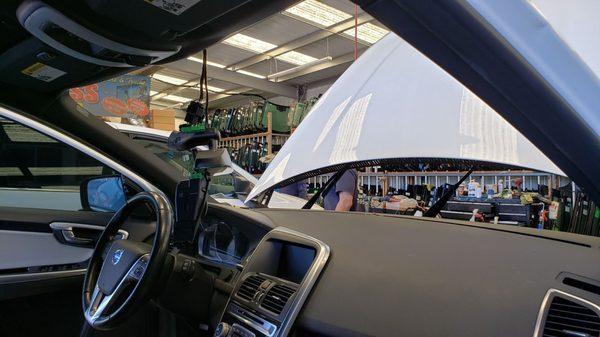 Front Windshield Replacement Volvo XC60, interior photo when glass was removed.