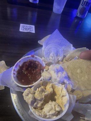 salsa and queso. I thought the queso was mashed potatoes