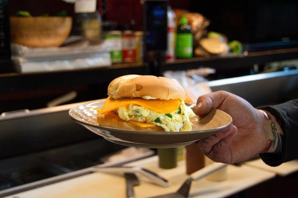 The Pillow Talk Sandwich ,  fluffy scrambled egg, with cheddar cheese and a touch of oregano aeoli at Leap of Taste, Klamath Falls.