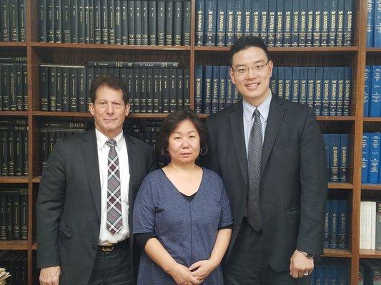 From left to right - Steven Louros, Esq.; Jennifer Park, paralegal; Marcus Cheung, Esq.