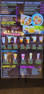 Not only crepe but thet also have a lot of drinks.   1. Sugarcane )  2 CremeBrulee   3. Specialty drinks -