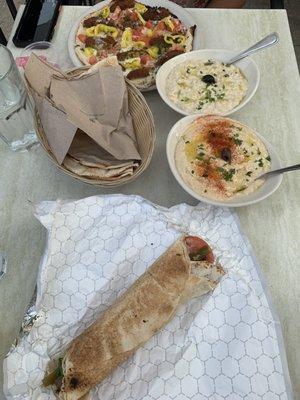 Falafel Pita Roll, Falafel Pitza, Hummus, and Baba Gannouj