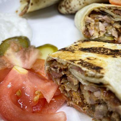 Chicken shawarma on laffa bread (pita available, too)