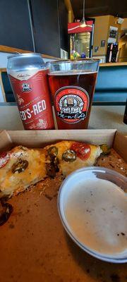 Personal pizza with up to 6 toppings and a Me N Ed's Red Beer _ best combo!