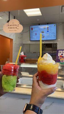 Strawberry and green apple. Heavenly Combo - MOST POPULAR with strawberry, mango, and vanilla ice cream. SO DELICIOUS.