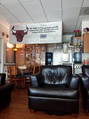 Cozy area with snacks and refreshments where men and women of the Armed Forces and their families can relax between flights.