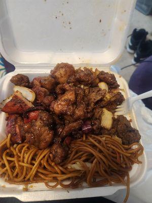 3 entree combo with Mongolian beef, black pepper chicken, and bourbon chicken.