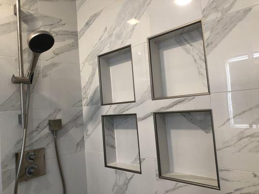 Hansgrone hardware, Calacatta porcelain tile, Schulter shower waterproof system for shelves.