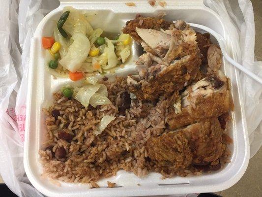 Fried chicken with rice & peas and steamed cabbage.