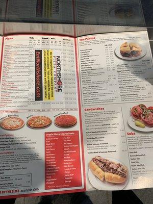 Pizza and panini menu